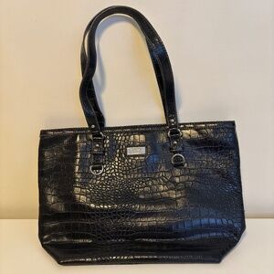 9 & Co Faux Leather Croc Alligator Tote Shoulder Bag Purse Black Medium Size